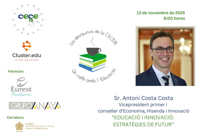 feceval_cece's tweet photo. Los Desayunos de CECEIB (Asociación de Centros de Enseñanza) “Un cafè amb l’Educació”, con el sr. Antoni Costa, Vpdte. primero y conseller de Economía, Hacienda e Innovación, como ponente. Alberto Villanueva, presidente de @feceval_cece en representación de la patronal valenciana https://t.co/nZxekBT6b0