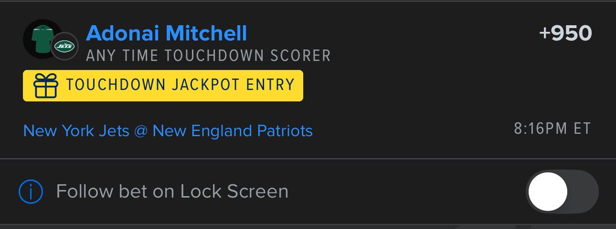 #TNF Prop #1

Not much to love in this game, will probably play a builder sgp and another higher odds sgp.

Starting here with AD Mitchell, who will be playing his first game with the Jets tonight. He sat last game, should be in line for a good amount of snaps here especially