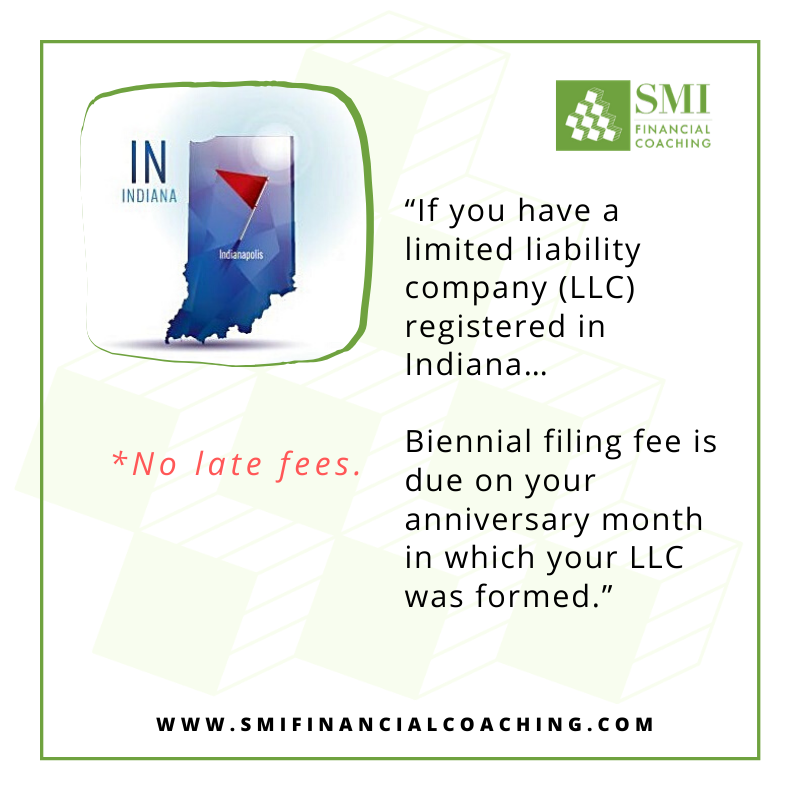 If you have a limited liability company (LLC) registered in #Indiana, your biennial report and filing fee are due by the anniversary month in which your LLC was formed. No late fees. #smallbusiness #finances