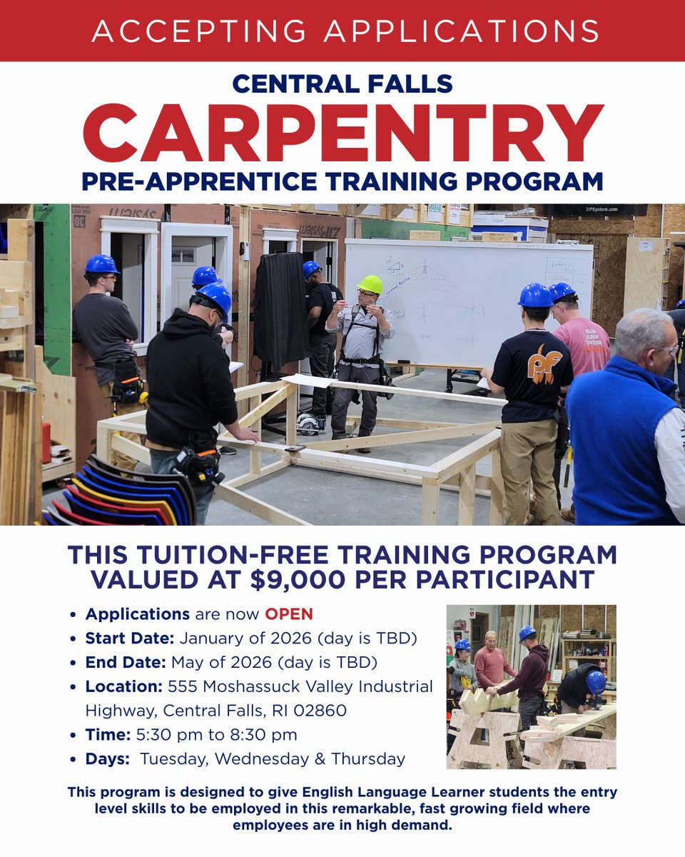 Applications are now open for the Central Falls Carpentry Pre-Apprentice Training Program starting January 2026! This FREE program is designed for ELLs ready to gain hands-on carpentry skills, industry certifications, and the confidence to step onto a jobsite prepared to succeed.