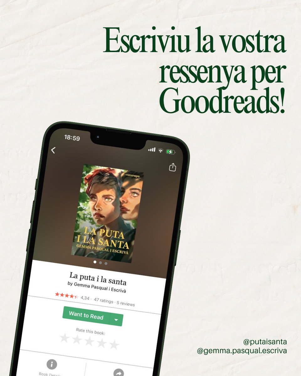 PutaiSanta's tweet photo. ⭐✨ Has llegit La puta i la santa?
Deixa-hi la teva opinió a Goodreads, les teves paraules poden encendre noves lectures i donar veu a aquesta història de dones, desig i rebel·lia.
#Laputailasanta #GemmaPasqual #GemmaPasqualiEscrivà #Comanegra https://t.co/EXdyfr3nbU