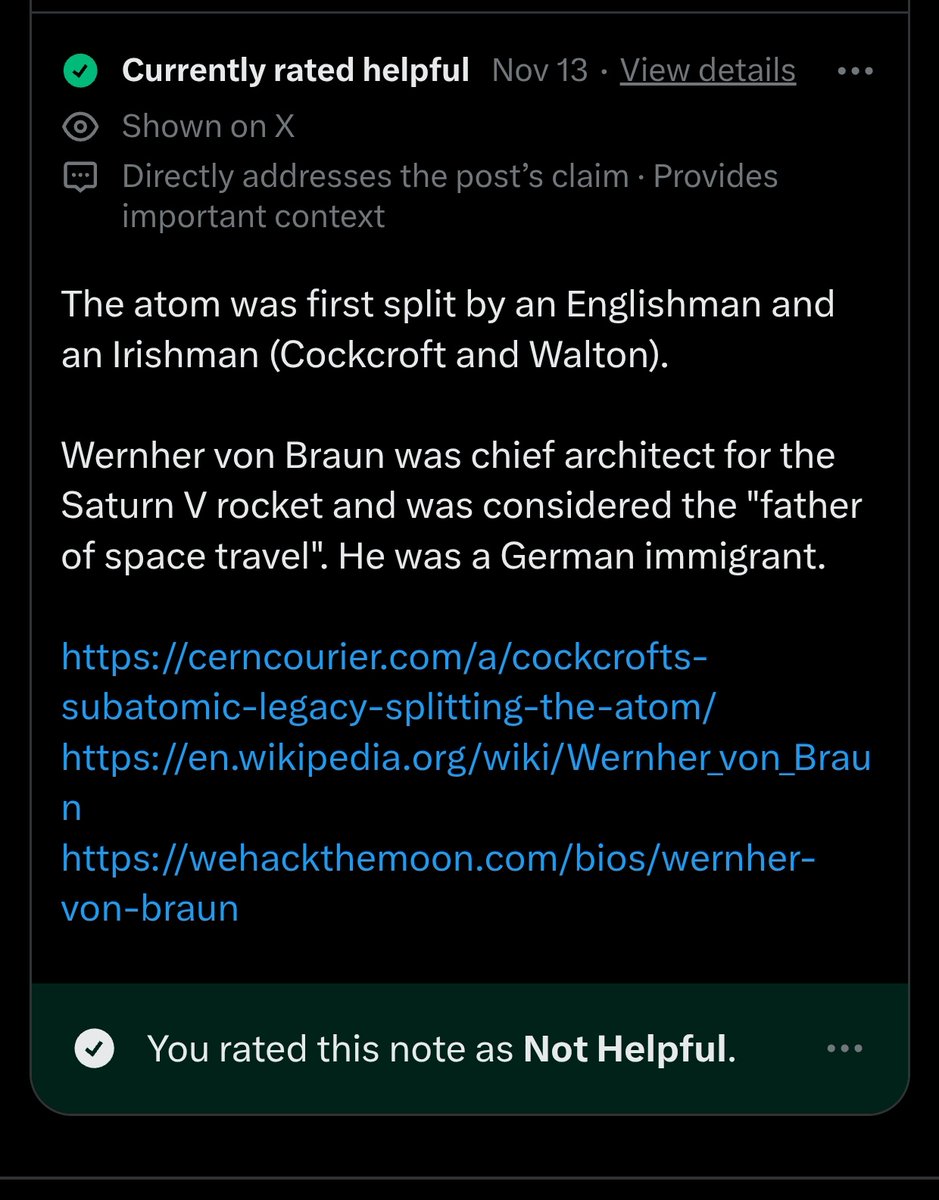 The community note is incorrect. Ernest Rutherford split the atom a full 15 years prior