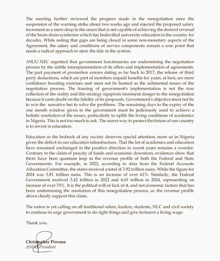 📰📰📰
PRESS RELEASE - PRIORITISE EDUCATION, PROTECT THE FUTURE
📌 "ASUU NEC regretted that government functionaries are undermining the negotiation process... The union is yet calling on all... to continue to urge government to do right things and give lecturers a living wage"