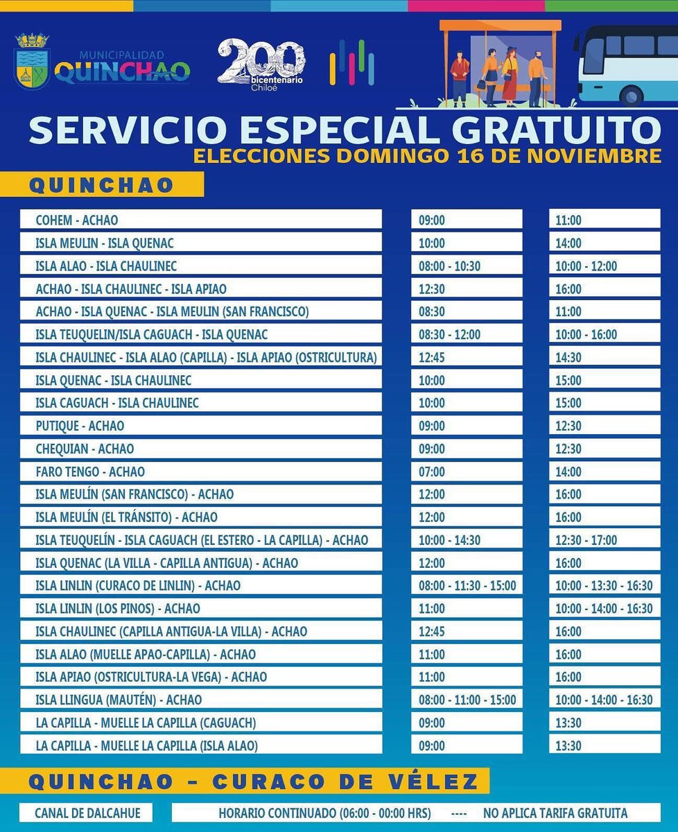 Informamos a las vecinas y vecinos de la comuna sobre el transporte marítimo y terrestre, subsidiado por el Gobierno, con motivo de las elecciones del domingo 16 de noviembre. REVISA AQUÍ LOS HORARIOS 👇