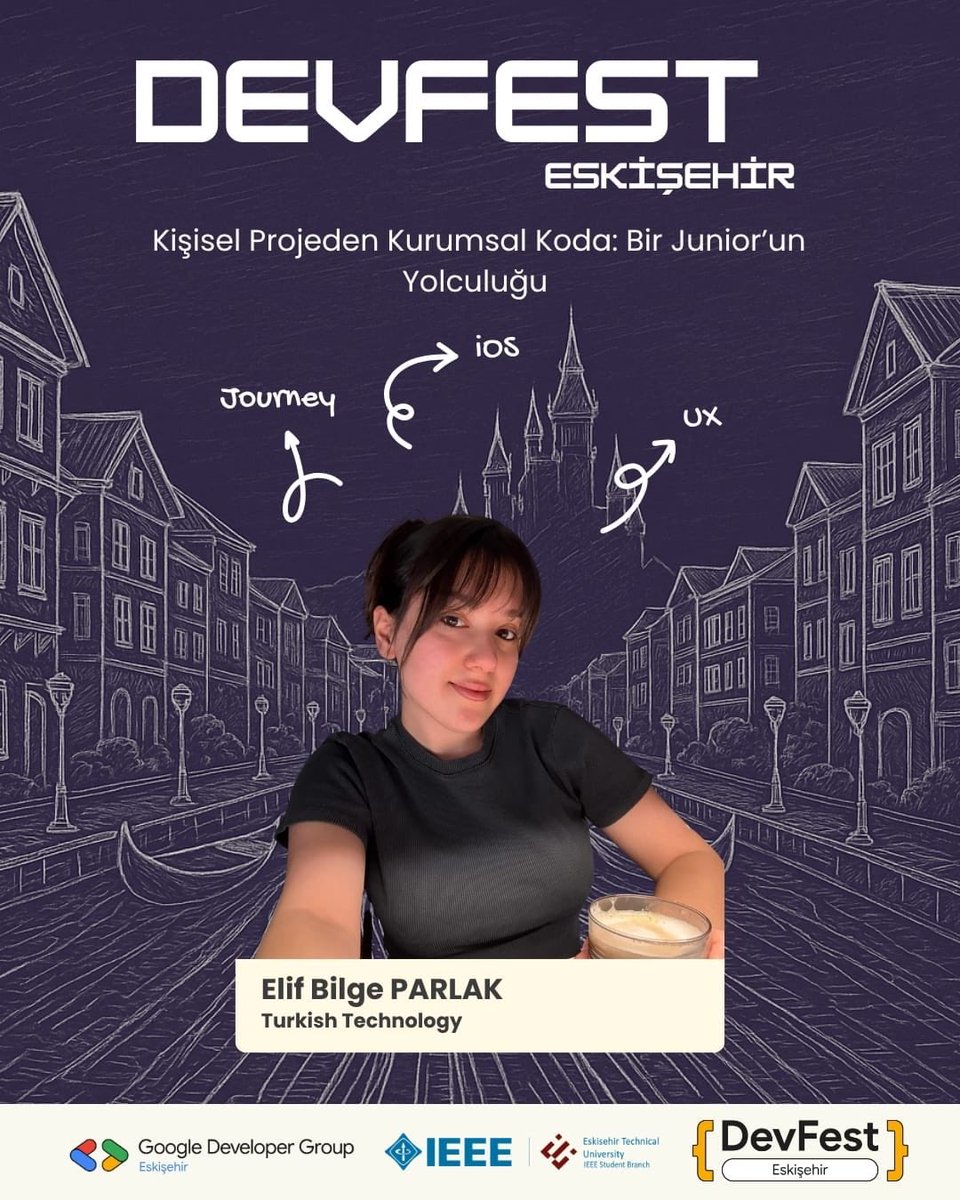 🚀DevFest Eskişehir 
Elif Bilge Parlak (<a href="/elifbilgepp/">Elif Bilge</a> ) from Turkish Technology will be with us on the DevFest Eskişehir stage with her session "From Personal Project to Corporate Code: A Junior's Journey"! 
Registration Link: ticket.gdgeskisehir.com