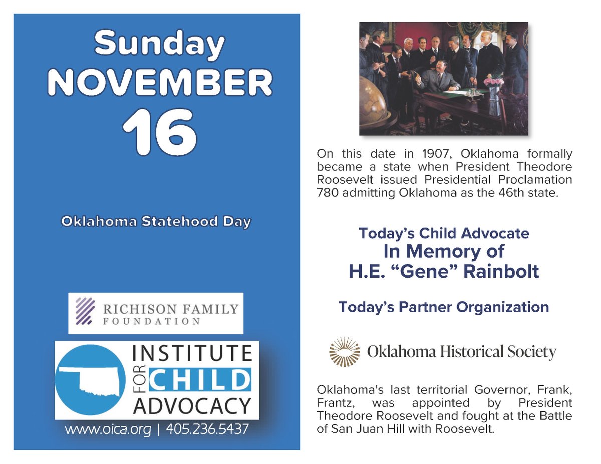 It's #OklahomaStatehoodDay! On this day in 1907, Oklahoma formally became a state. Today's page is In Memory of H.E. "Gene" Rainbolt. Our partner is Oklahoma Historical Society.