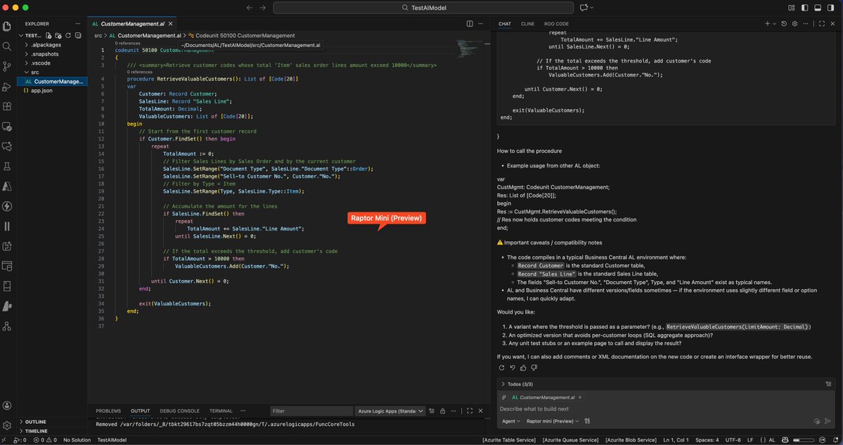 demiliani's tweet image. But the real winner today is 𝗥𝗮𝗽𝘁𝗼𝗿 𝗠𝗶𝗻𝗶🎉, a new preview model from #Microsoft (fine-tuned from GPT-5-mini). Perfect on writing #AL code (and documenting it) and one of the few that don&apos;t abuse on using .Reset() on record variables 😉
#msdyn365bc