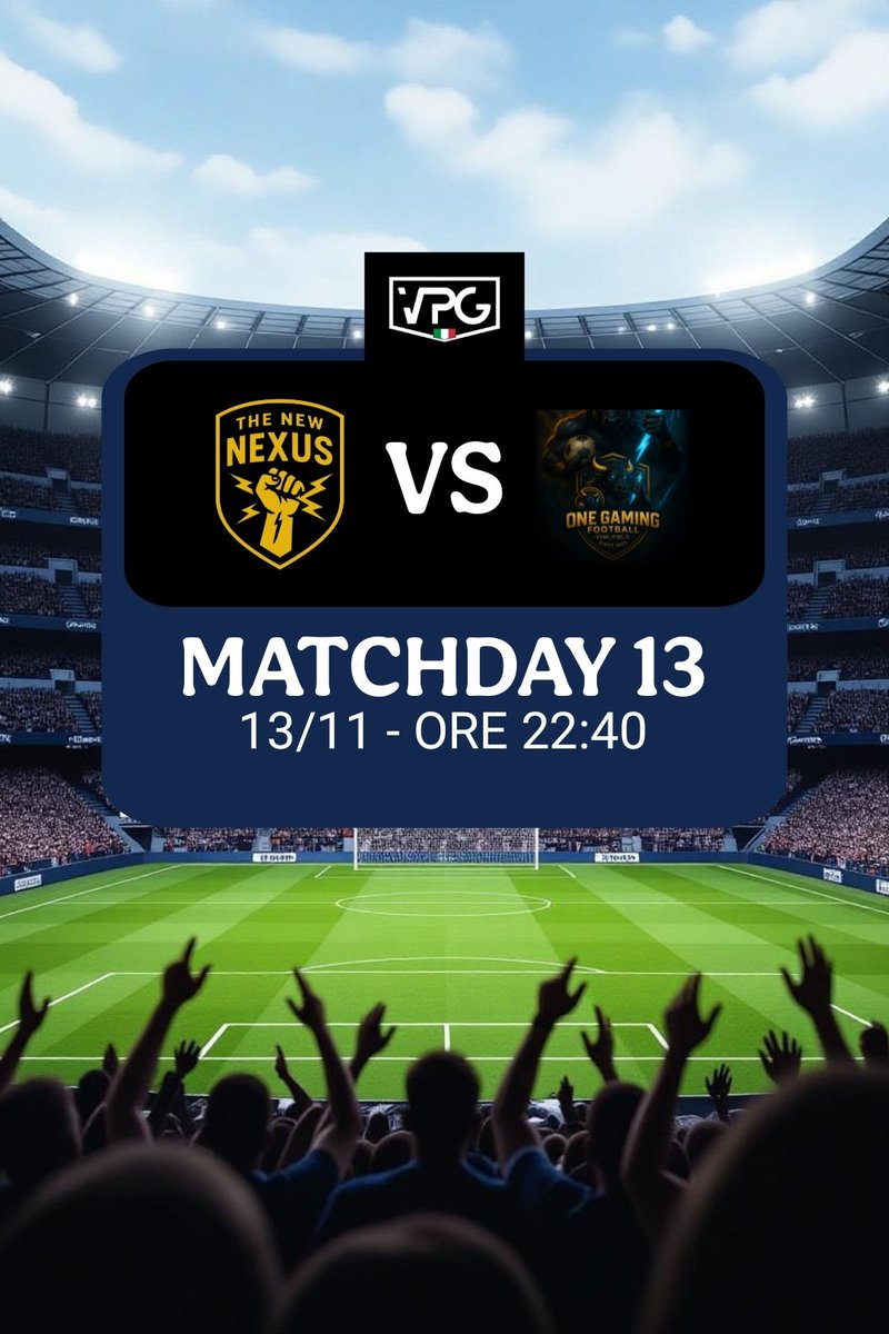 La prima partita di stasera sarà valida per il campionato <a href="/VPGItaly/">Virtual Pro Gaming Italy 🇮🇹</a> serie D.

<a href="/1FootballGaming/">One Gaming Football</a> buona fortuna!

#WeAreOne #JoinTheNexus