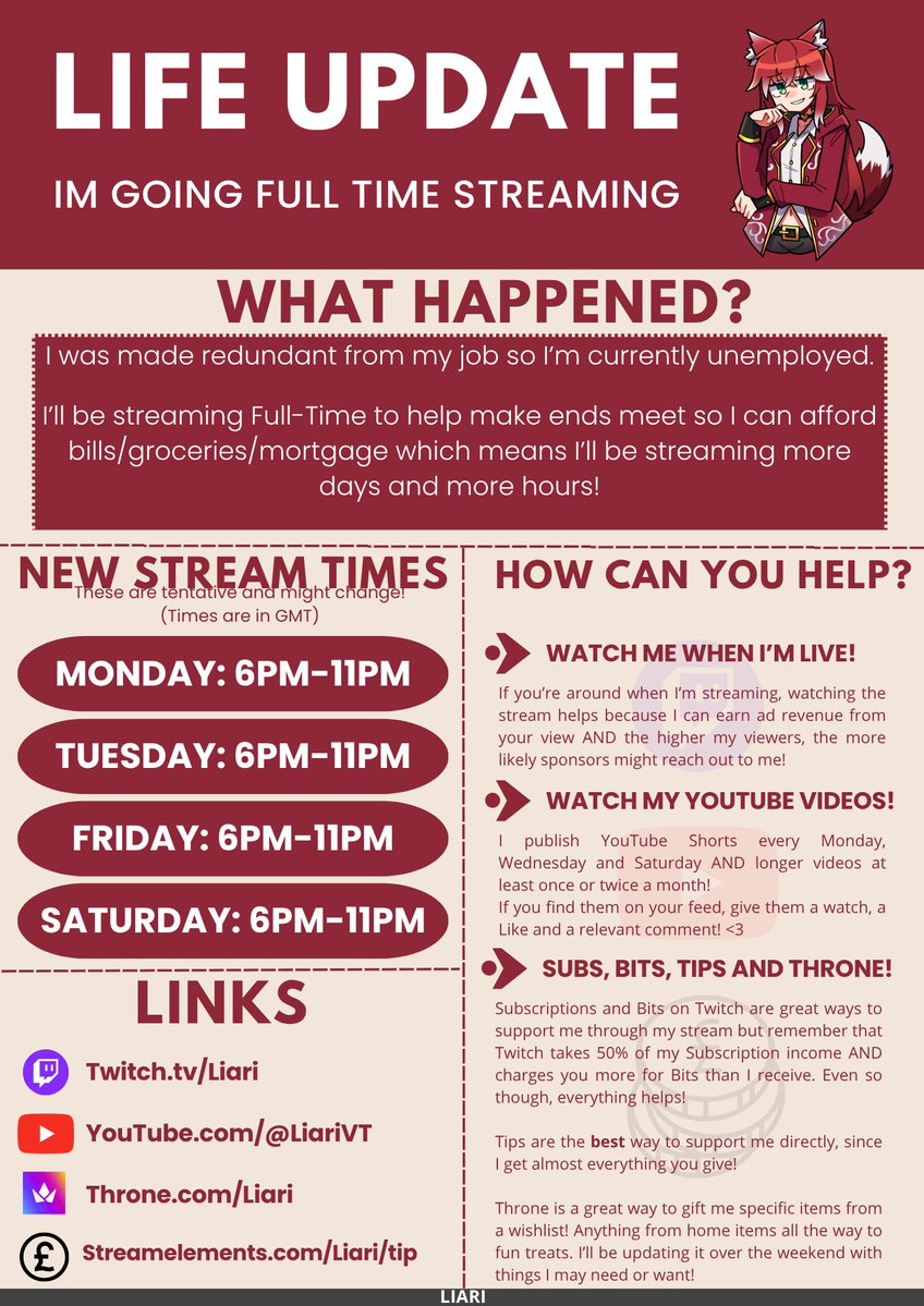 I've been made redundant at my job and no longer have a stable source of income :(

I'll be doing full-time streaming to help make ends meet while I search for a new job!

It would mean the world to me if you'd share, follow, watch, whatever you can to help during this time &lt;3