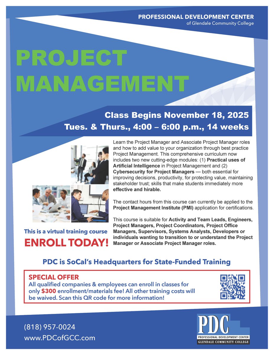 PDCGlendale's tweet image. NEW❗️ Project Management training course begins November 18, 2025. Contact us today to enroll!
#projectmanagement #cybersecurity #projectmanagementprofessional #projectmanager #trainingday #professionaldevelopment
