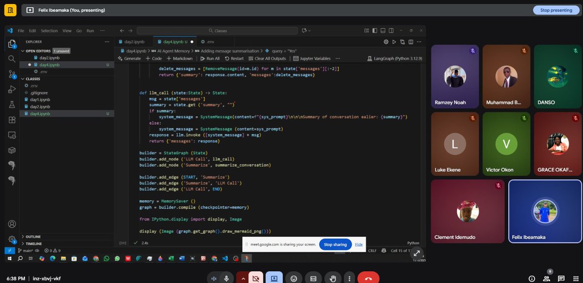 Electronics____'s tweet photo. Day 4: Completed
Today’s session was all about making AI Agents smarter and more human-like, by giving them memory.
Participants learned how to:
✅ Implement short-term memory using LangGraph-Checkpointer
✅ Create a chatbot with message summarization for contextual conversations https://t.co/tKfQxTqUUc