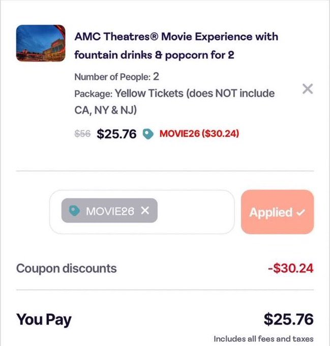 EldenMonitors's tweet image. Now that we can enjoy our time until Saturday.

Weekend Movie Deal 🍿
$25 AMC Bundle (2 tickets + 2 drinks + 1 popcorn) 

USE CODE: MOVIE26

$25.76 Yellow Ticket (NOT including CA, NY &amp;amp; NJ)
$29.44 Black Ticket (Includes CA, NY &amp;amp; NJ)

&amp;gt;&amp;gt; mavely.app.link/e/gyqNsluKNWb #ad