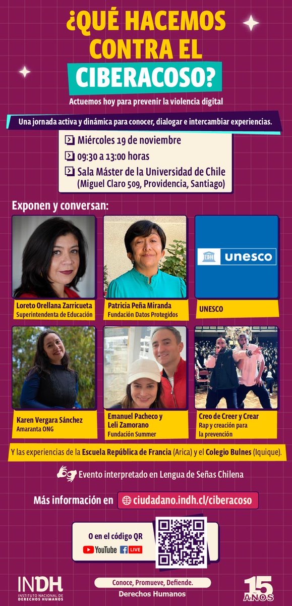 #RegulaciónConvergente 
Les compartimos la invitación de participar de esta instancia
🗓️ Miércoles 19 de noviembre entre las 09:30 y 13:00 horas
📍Sala Master de la Radio Universidad de Chile (Miguel Claro 509, Providencia, Santiago)

Inscríbete en: ciudadano.indh.cl/ciberacoso/
