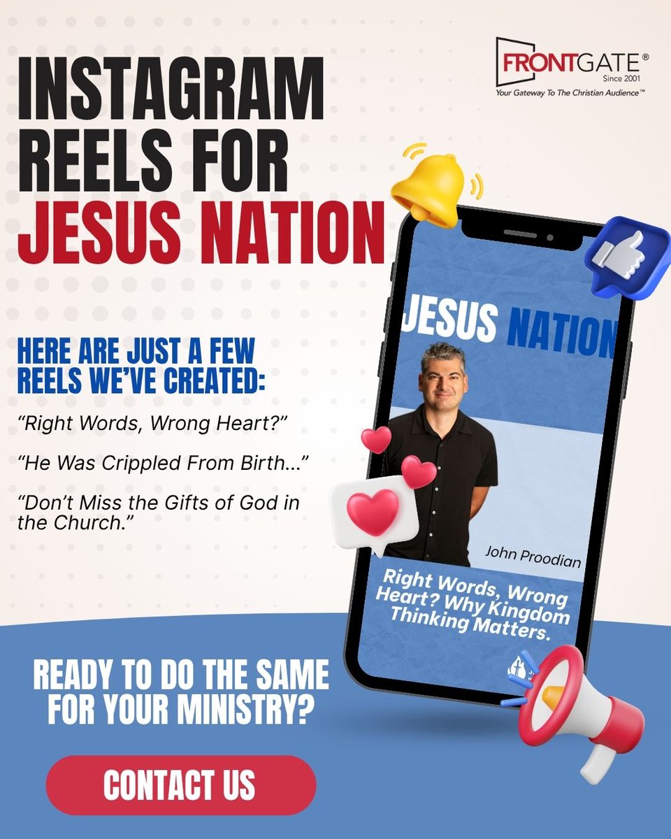 Turning sermons into scroll-stoppers.

Dr. John Proodian of Jesus Nation partnered with FrontGate Media to take powerful long-form messages and transform them into bite-sized Instagram Reels, built to grab attention and ignite faith.

🎬 From full sermons to short, impactful