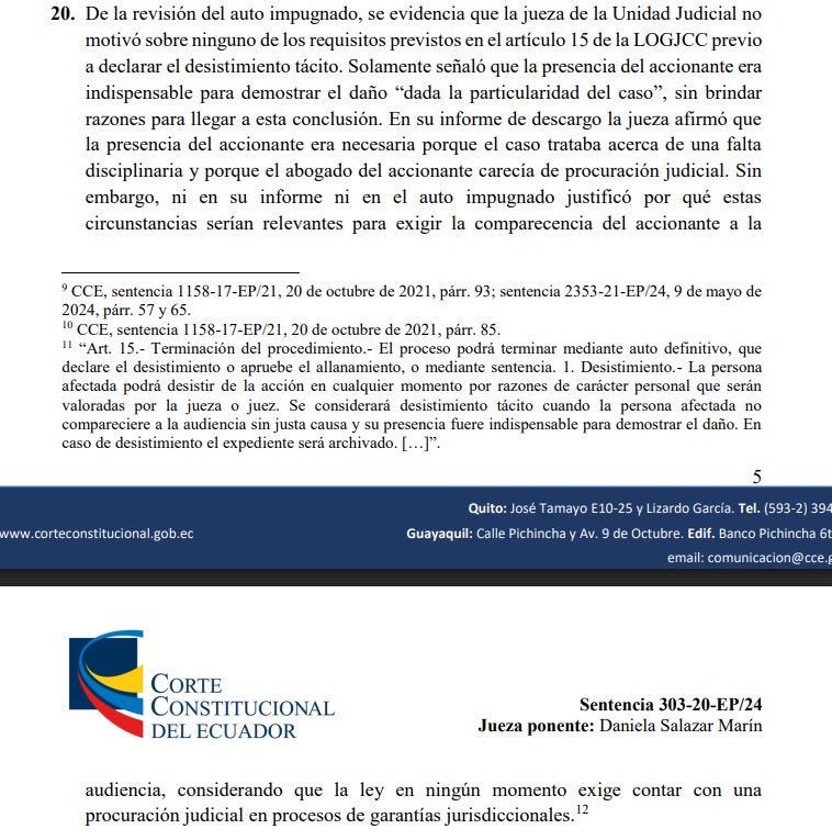 Lo comparto porque sucede mucho en la práctica: en materia constitucional los jueces NO pueden exigir procuración judicial a los abogados como excusa para diferir audiencias o peor declarar abandono. La LOGJCC no contempla esta figura. 

Sentencia 303-20-EP/24 <a href="/CorteConstEcu/">Corte Constitucional</a>