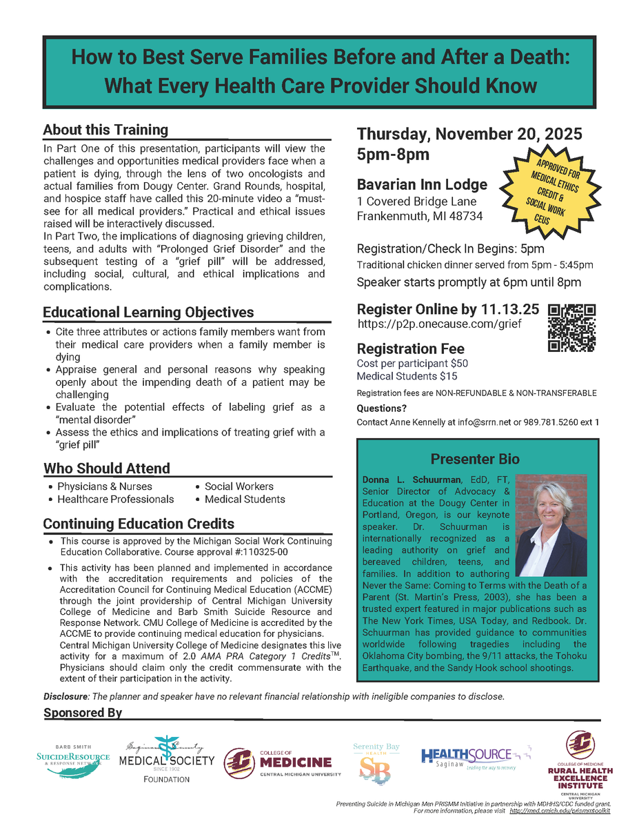 BarbSmithSRRN's tweet photo. Registration Extended!! Due to high interest, registration is now open until Monday, November 17.

Join us for this dynamic training exploring Prolonged Grief Disorder and the new “Grief Pill.”

Don’t miss out — register now: https://t.co/OjP5t2YNVM https://t.co/yhiYKCJXj9