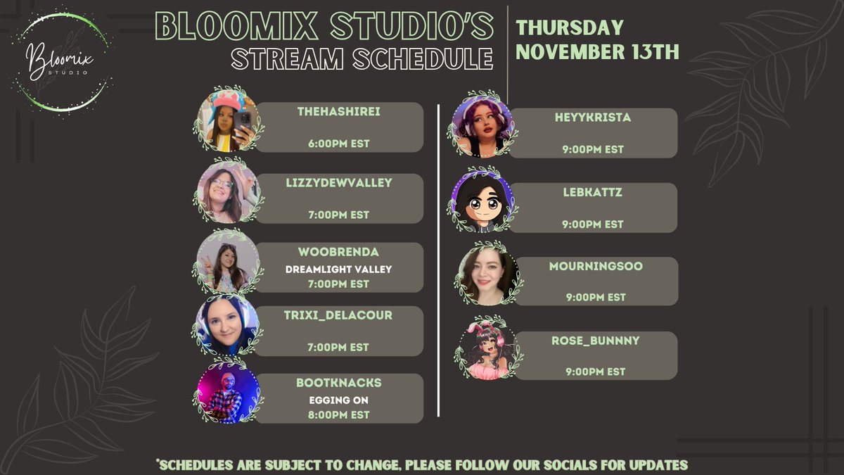 Check out our lineup of streamers going Live ~*• November -13th (part 2) •*~  on their channels 🌿