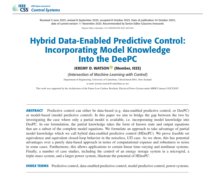 IEEE_OJCSYS's tweet image. &quot;Hybrid Data-Enabled Predictive Control: Incorporating Model Knowledge Into the DeePC,&quot; by Jeremy D. Watson
Date: 24 Oct 2025
Link: ieeexplore.ieee.org/document/11217…
#predictivecontrol #powersystems #controlsystems #ojcsys