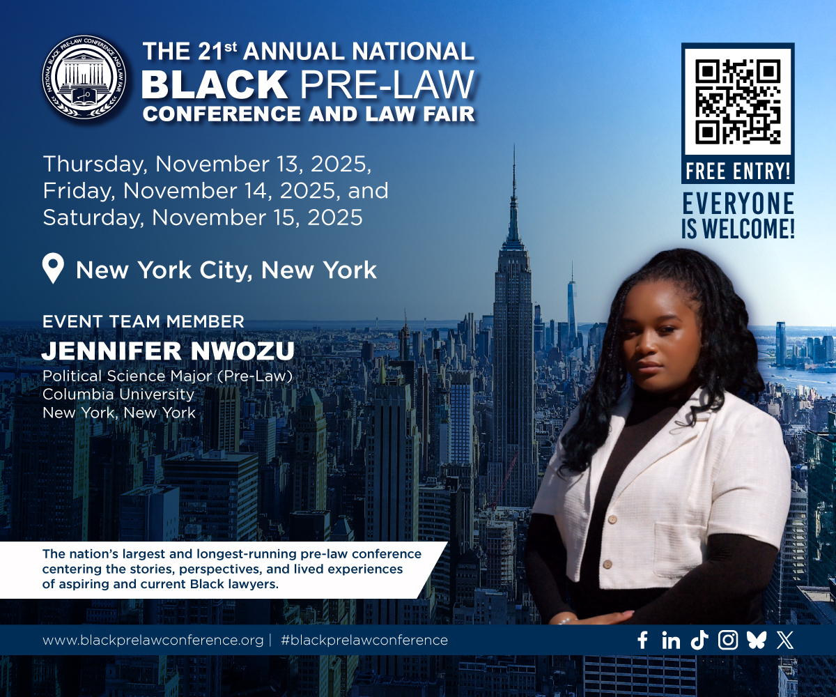 blackprelawconf's tweet image. ✨ EVENT TEAM SPOTLIGHT ✨

Meet Jennifer Nwozu, Political Science (Pre-Law) major at Columbia University, bringing her passion for advocacy, policy, and leadership to the #NBPLC2025 Event Team! See you there!

📍 Nov 13–15 | NYC
🔗 bit.ly/3H7fCQK 

#NBPLC2025 #PreLaw