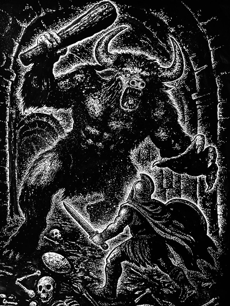 Between a packed schedule and some rough days in the studio, this one took longer than expected. But here it is…

Theseus and the Minotaur.
Ink on paper, 11x14.