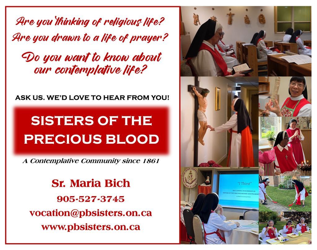 Are you feeling called to a life of prayer?

The Sisters of the Precious Blood invite women to explore the contemplative vocation.

Contact Sr. Maria Bich: vocation@pbsisters.on.ca
Learn more: pbsisters.on.ca