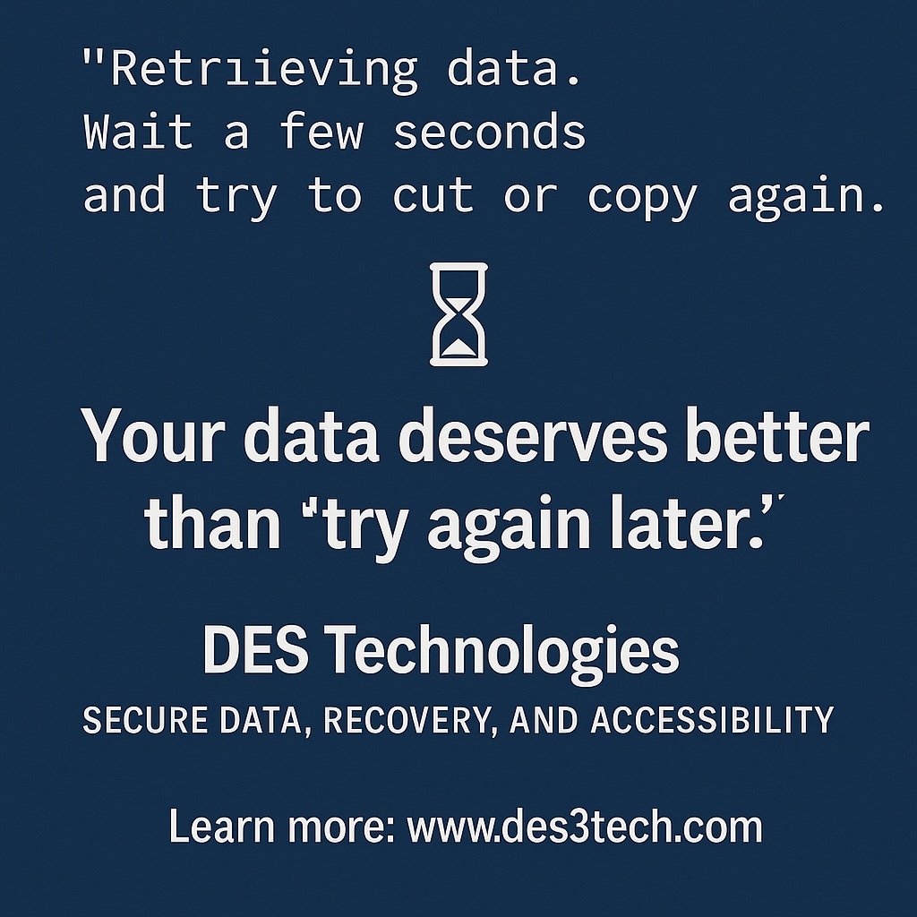 DES3Tech's tweet image. “Retrieving data. Wait a few seconds and try to cut or copy again.” 😬 
 When it’s your business on the line, a few seconds can cost a lot. 
 Trust DES Technologies for reliable, secure data solutions. 

🔗 des3tech.com

#DataSecurity #Backup