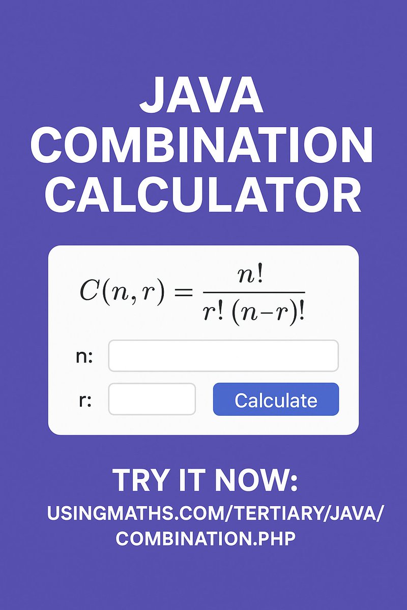 useOfMaths's tweet image. Want to master **combinations in Java (nCr)**? 🎓  
This guide breaks down selection without repetition with easy-to-follow code.  
🔗 usingmaths.com/tertiary/java/…  
#Java #Coding #MathsInCode #Students #Educators