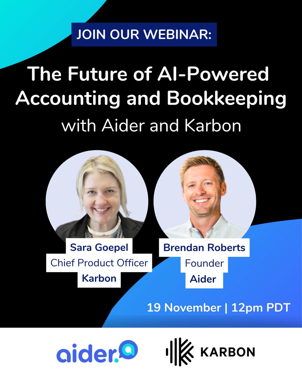 AskAider's tweet photo. AI is rewriting the rules of accounting - and the firms who adapt first will lead the next decade. ⚡ 

Join our webinar to learn how Karbon x Aider are changing the game:
🗓 Wednesday 19 November
⌚ 12:00 PM PDT
👉 Register now: https://t.co/1H0pNWVRZz https://t.co/K9R54XiRPf