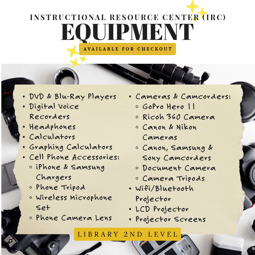 ConnLibrary's tweet image. 🌟 Exciting news! The IRC on the 2nd floor offers AV equipment for checkout, including cameras, projectors, and more! 🎥 Explore details at libguides.wsc.edu/irc/equip_chec… and unleash your creativity today!