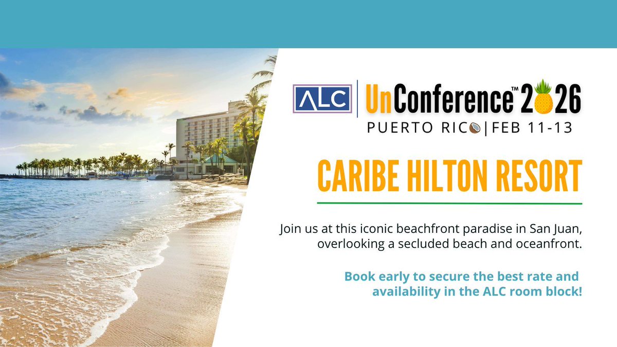 ALC_US's tweet image. Oceanfront views. Secluded beach. Need we say more? 😎

Join us in Puerto Rico for the 2026 UnConference—where industry leaders connect, ideas spark, and paradise is part of the agenda.

Reserve your spot at the Caribe Hilton Resort today! 👉 web.cvent.com/event/62659fe9…
