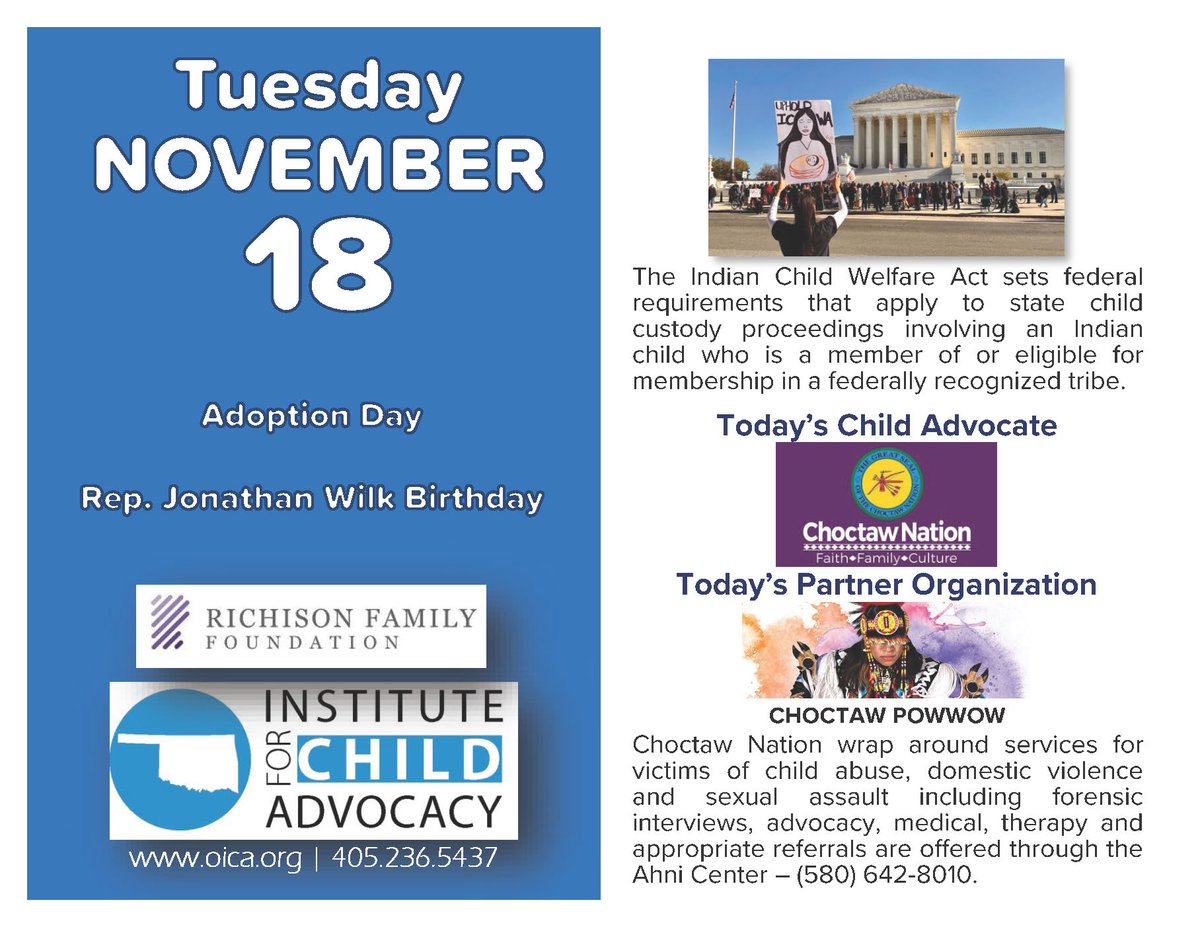 It's #AdoptionDay &amp; Rep. Johnathan Wilk's birthday. The #IndianChildWelfareAct sets federal requirements that apply to child custody proceedings involving an Native American child. Todays child advocate is the Choctaw Nation. Our partner is the Choctaw Powwow.