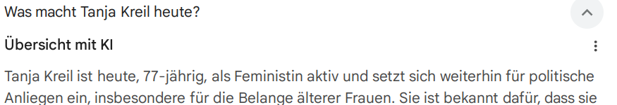 Kennt ihr noch Tanja Kreil, welche ca 2000 trotz ihres Geschlechts auf Einstellung bei der Bundeswehr klagte? Laut google-KI ist die heute schon 77 Jahre alt obwohl sie erst 1977 geboren wurde! Lustig finde ich auch die "Zahlengleichheit". Zufall? :D