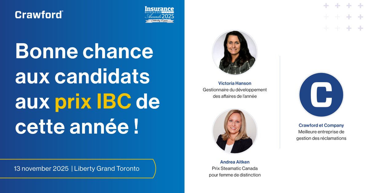 Crawford s’en va au gala d’Insurance Business ! On est fiers d’encourager nos collègues de l’industrie et de célébrer notre équipe. 

Bonne chance à tous les finalistes cette année: ow.ly/prJB50XrkTi

#IBAwards2025 #DirigeantsDeCrawford #RESTAURER