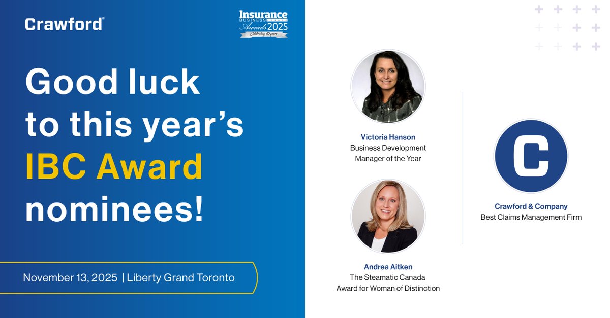 Crawford is headed to the Insurance Business Gala! We're proud to cheer on our industry peers and celebrate our team. 

Good luck to this year’s nominees: ow.ly/HPHm50XrkSG

#IBAwards2025 #CrawfordLeaders #RESTORE