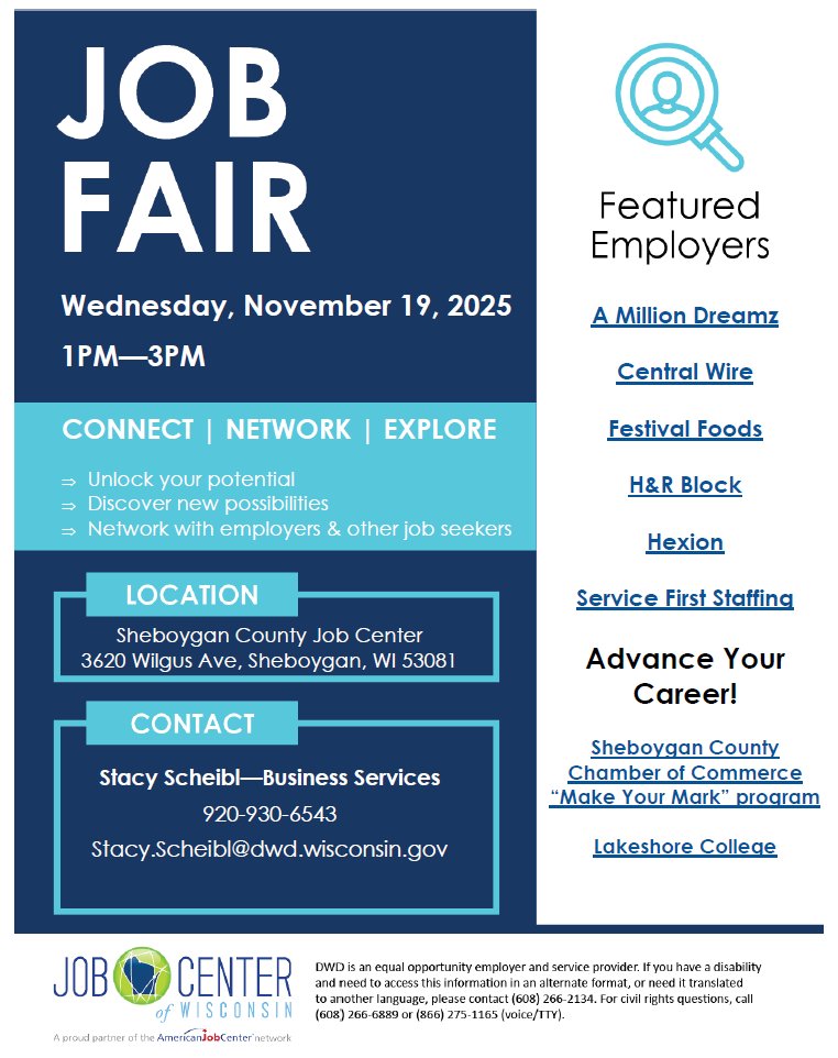 ShebJobCenter's tweet image. 🚨 Job Fair Alert! 🚨 Your future starts NOW. 📅 Nov 19, 2025 | 🕐 1–3 PM 📍 Sheboygan County Job Center
Meet employers. Make connections. Find your next chapter. 💼✨

#CareerPath #JobSearch #ShebJobCenter