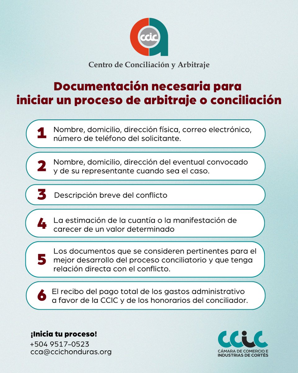 CCICHN's tweet image. ⚖️ En el CCA de la CCIC, estamos listos para ayudarte a resolver conflictos de forma ágil y justa.

¿Quieres iniciar un proceso? Te explicamos qué necesitas.

📲 wa.me/50495170523/ 2561-6100 ext. 221
cca@ccichonduras.org

#CCIC #CCA #Conciliación #Arbitraje