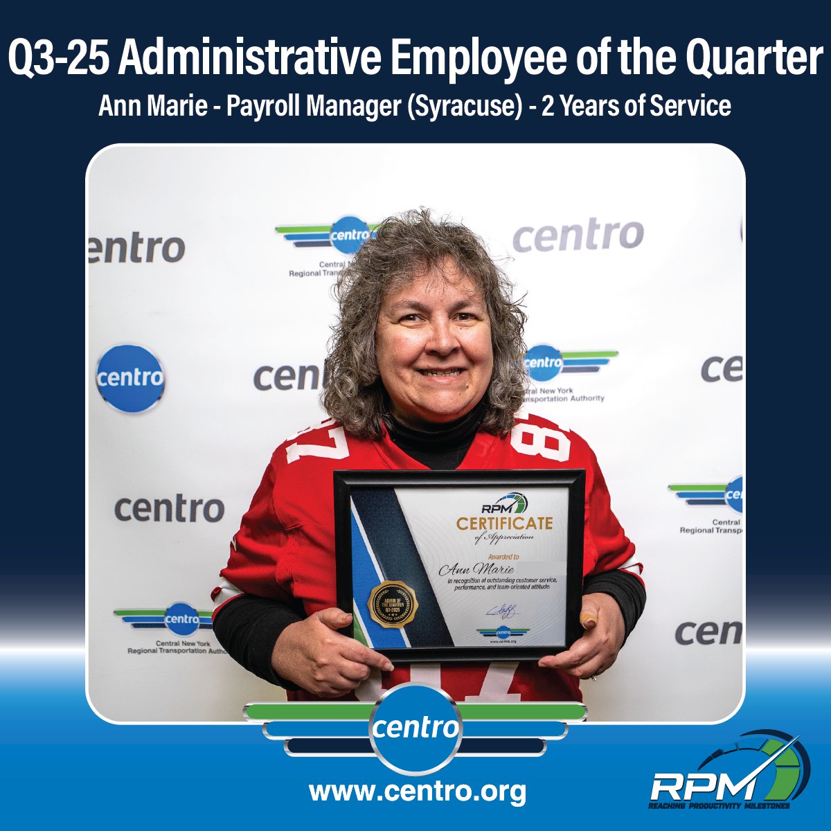 GoCentroBus's tweet image. Centro’s employee recognition program promotes a positive work environment by recognizing teamwork, communication, and an appreciation for diverse abilities across all employee categories. Congratulations to our 2025 Q3 winners! #GoCentroBus #RPM #employeerecognition