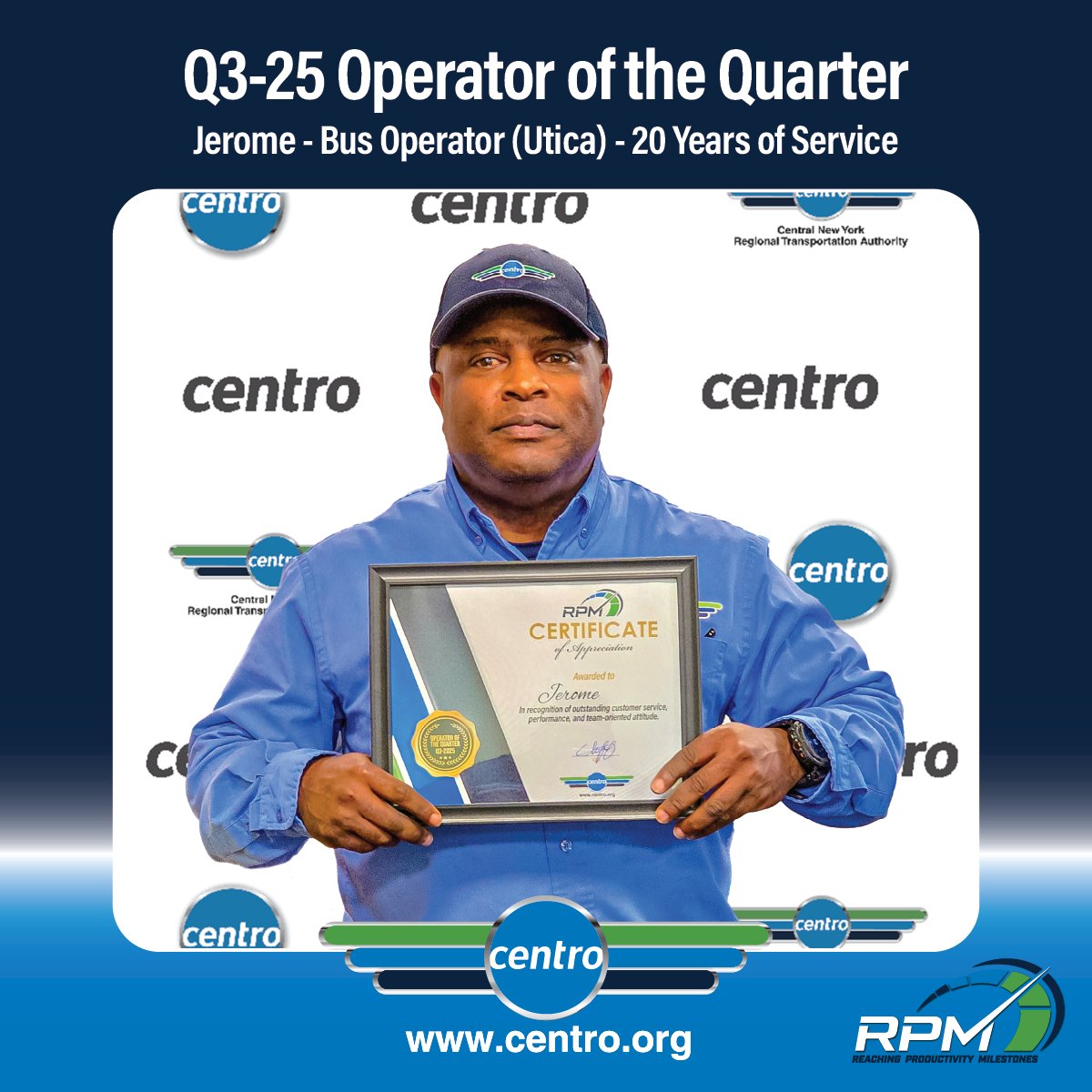 GoCentroBus's tweet image. Centro’s employee recognition program promotes a positive work environment by recognizing teamwork, communication, and an appreciation for diverse abilities across all employee categories. Congratulations to our 2025 Q3 winners! #GoCentroBus #RPM #employeerecognition