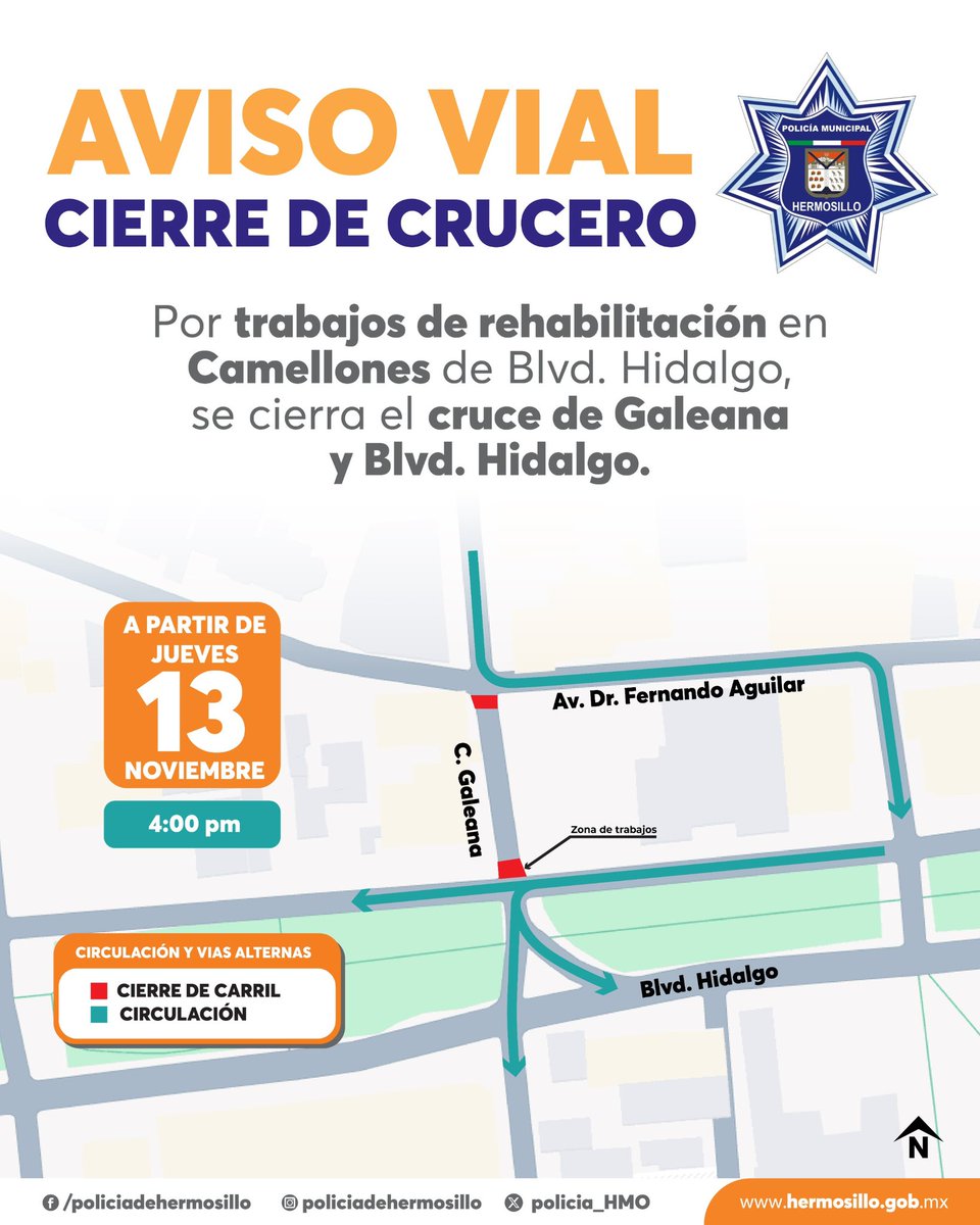 🚧 AVISO VIAL 🚧
Como parte de los trabajos en el Blvd. Hidalgo, esta tarde se realizará el cierre del cruce entre C. Galeana y Blvd. Hidalgo.
Le recomendamos tomar precauciones y vías alternas. Agradecemos su comprensión.