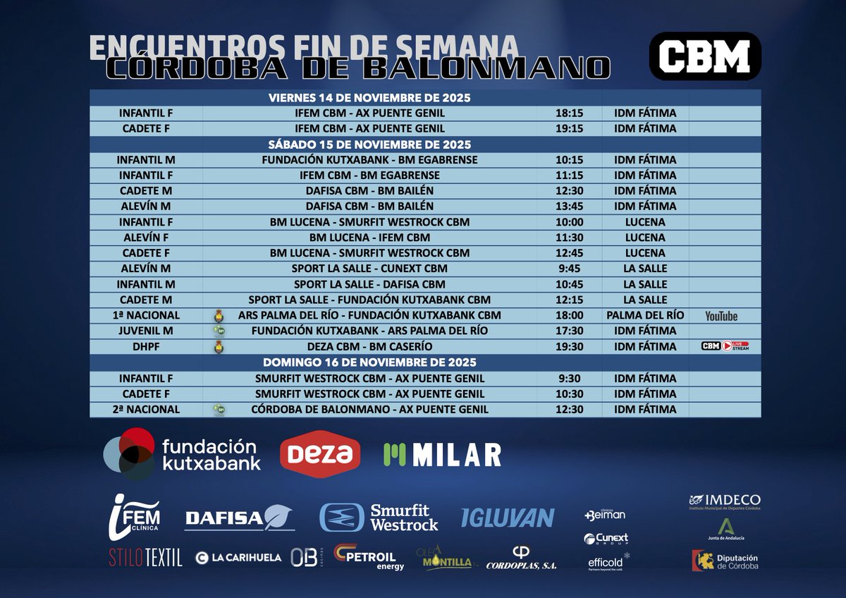 🗓️ #PlanningCBM
Lluvia 🌧️ , sí, pero de partidos 🤾‍♀️🤾‍♂️. "Solo" tenemos 1⃣8⃣ encuentros ligueros para el fin de semana, once de ellos como locales, en el cuadro de horarios más extenso en mucho tiempo. Arrancamos el viernes y cerramos el domingo #OrgulloGranate #FactoríaCBM