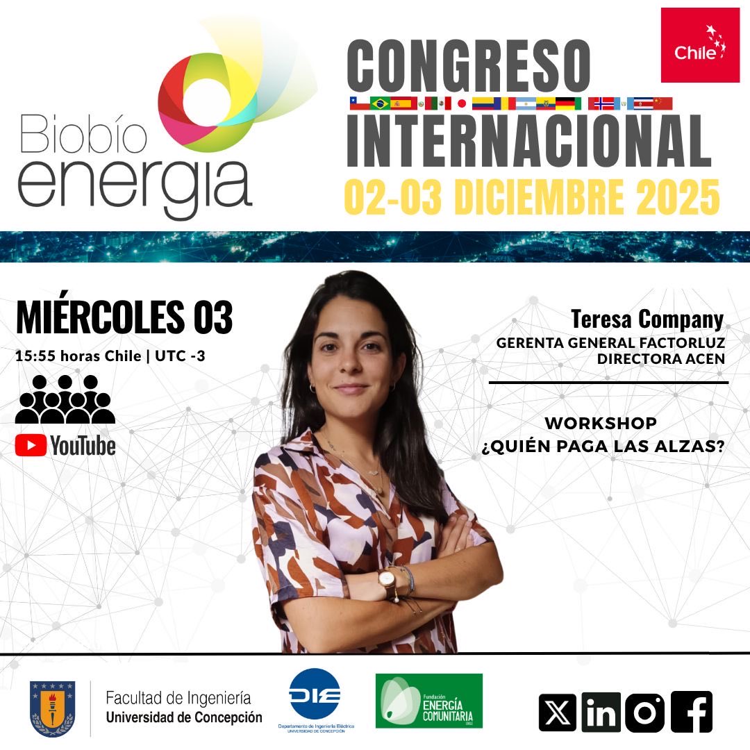 👩🏻‍💻Conoce a los speaker que se reunirán en el #biobioenergia  2025 “Resilencia y diversificación energética”

¡No te lo pierdas!
🗓️¿cuándo? 2 y 3 de diciembre 2025
📍¿dónde? UdeC, Concepción, Chile
ℹ️ ¿más información? Escríbenos a 📧 biobioenergiacibbe@gmail.com
<a href="/cpcbiobio/">Cámara de la Producción y del Comercio Biobío</a>
