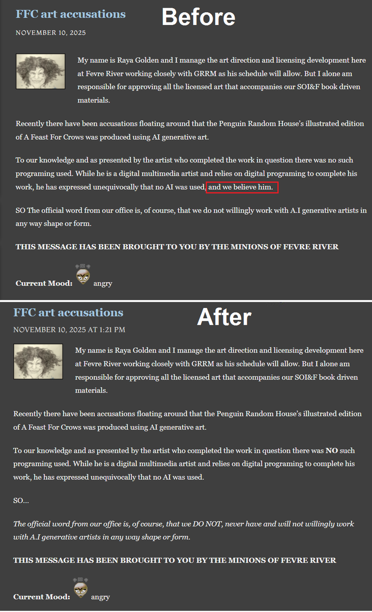 RedTeamReview's tweet photo. Somehow there's ANOTHER update to the feast for Crows Illustrated A.I. saga? I swear I'm not milking this but...George R.R. Martin's art director, Raya Golden, JUST updated her post on George's blog and it's so dumb but also very telling https://t.co/64RSoAGfe0