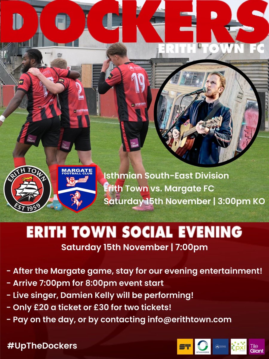 🎸 | SOCIAL EVENING

We’re delighted to announce our evening event on Saturday 15th Nov, after the <a href="/margate_fc/">Margate FC</a> game!

For just £20 a ticket or £30 for two, join us for the evening where we will have live music from <a href="/damienkellyuk/">Damien Kelly</a>!

For ticket 📧 info@erithtown.com

#UpTheDockers