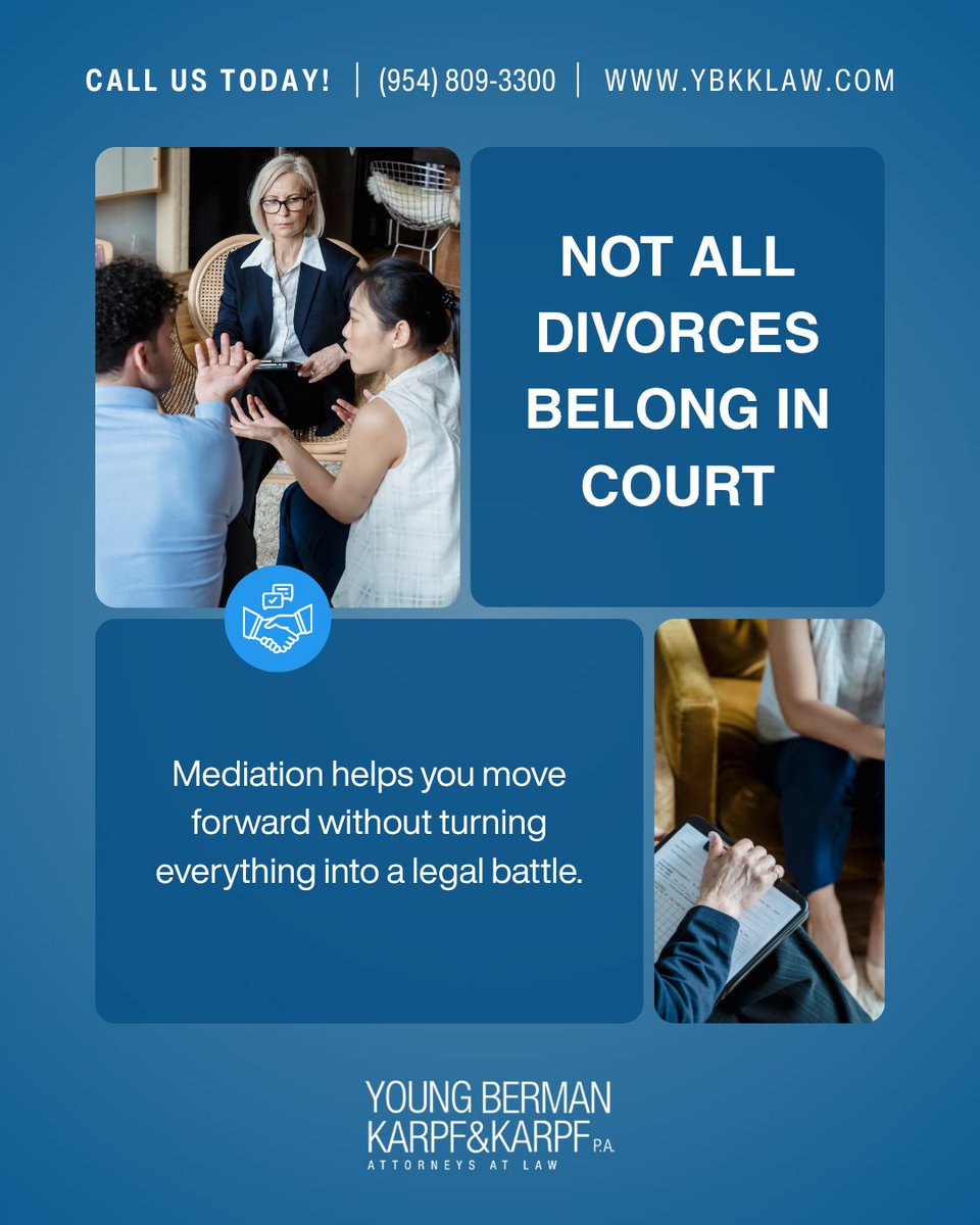 FlaFamilyLaw's tweet photo. Not every divorce needs to go through a courtroom battle. Mediation helps families move forward by encouraging cooperation and reaching agreements outside of court.

📲Schedule a consultation today by calling (954) 809-3300. 

#Mediation #Divorce https://t.co/wOblFkHDrq