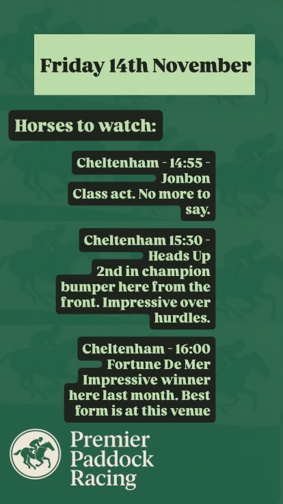 premier_paddock's tweet photo. Horse racing action

Friday 14th November

A couple to keep an eye on!

Cheltenham

14:55 - Jonbon

15:30 - Heads Up

16:00 Fortune De Mer

Newcastle

1.20 - Looking Splendid

Southwell

12.22 - Pottersjetamay

#horse #HorseRacing #cheltenham #newcastle #HorseRacingTips #jonbon https://t.co/kVWOr2Gu3m