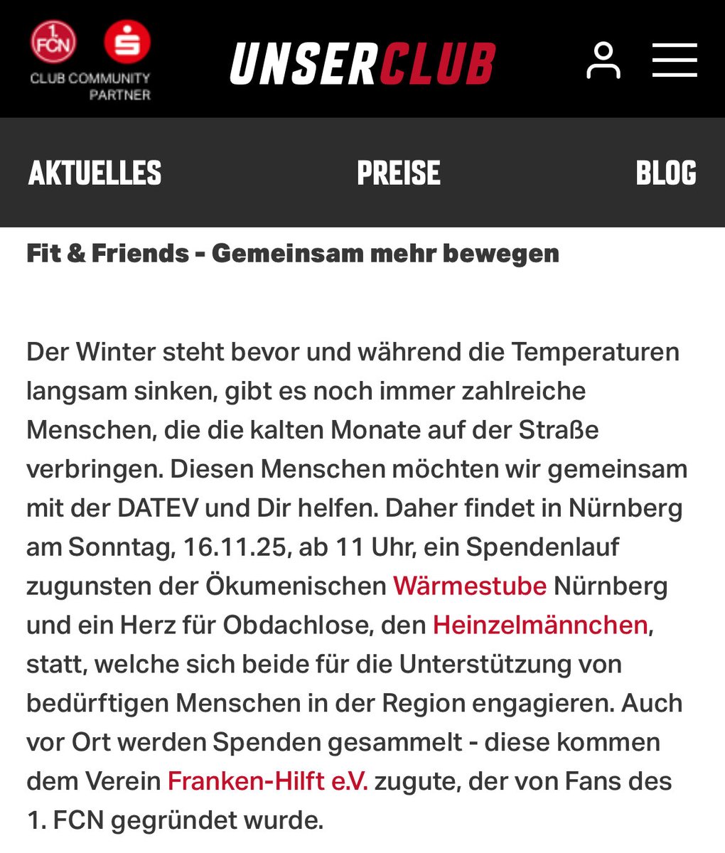 Am kommenden Sonntag, den 16.11. findet beim #FCN der Spendenlauf statt und #FrankenHilft e.V. ist dabei! 😎💪🏽🏃🏾‍♂️
Pro gelaufener Runde ein festgelegter Betrag gespendet! Eine Runde ums Stadion ist 1,9km lang. Um 11Uhr gehts los! Sei dabei! 
unserclub.de/aktionen/aktio…