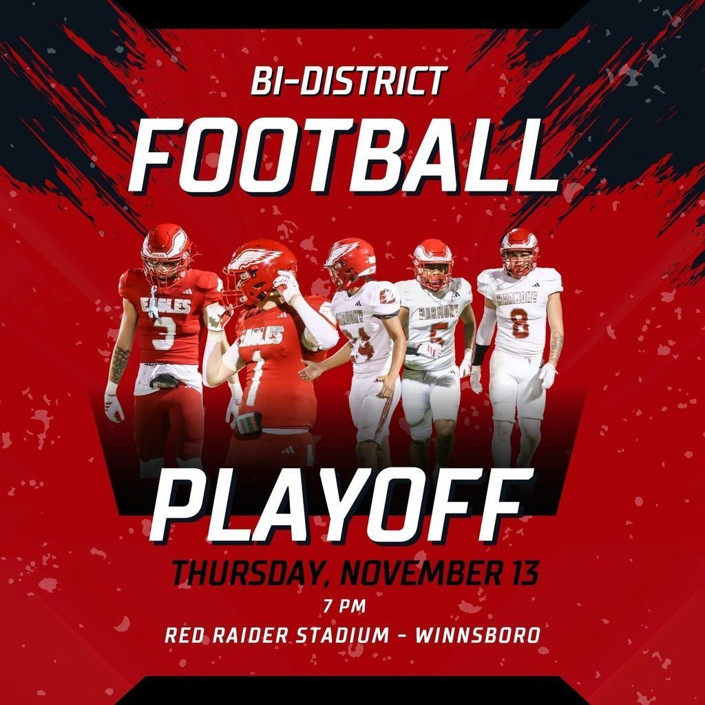 🏈 Come out, wear your red and white, and cheer loud for the Eagles as they take the field in Winnsboro tomorrow night. We are the home team. 
Ticket Link: fan.hudl.com/tickets/VGlja2…
Let’s go, Harmony! 🦅