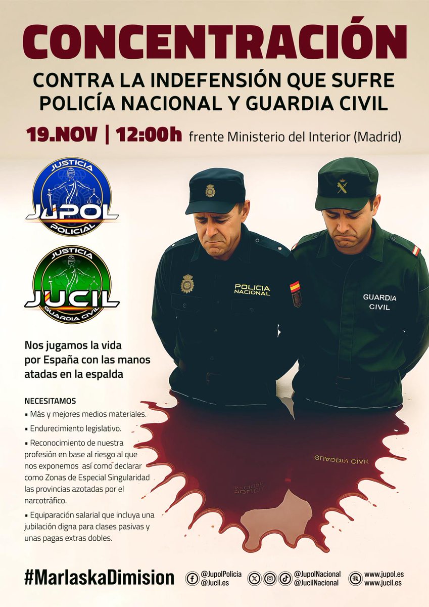 📢 NOS CONCENTRAMOS

🛑 CONTRA LA INDEFENSIÓN QUE SUFRE POLICÍA NACIONAL Y GUARDIA CIVIL

🗓️ 19.NOV | 12:00h frente Ministerio del Interior #Madrid

🇪🇸 Nos jugamos la vida por España con las manos atadas en la espalda.

🔊Asiste, DIFUNDE.

#MarlaskaDimisión

ℹ️Más Info en imagen.