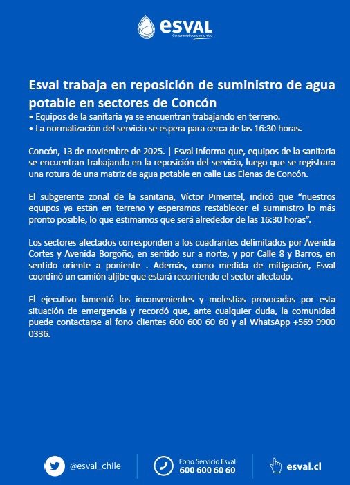 IMPORTANTE‼️Actualizamos información respecto de este corte: labores de reposición han sido complejas, lo que obliga a extenderlo hasta cerca de las 20 horas.