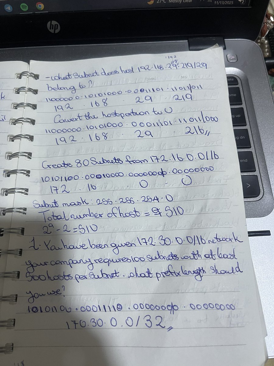 amyy_nwa's tweet image. Day 7/100 #100DaysOfNetworking 

Today I focused on digging into subnetting. I practiced breaking networks into equal sizes using FLSM, figuring out broadcast and network addresses and the importance of subnetting. @ireteeh @segoslavia @TemitopeSobulo @OnijeC @sisinerdtweets